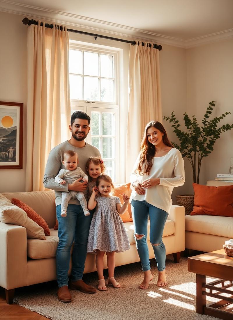 Parents and two young children together in a bright living room
