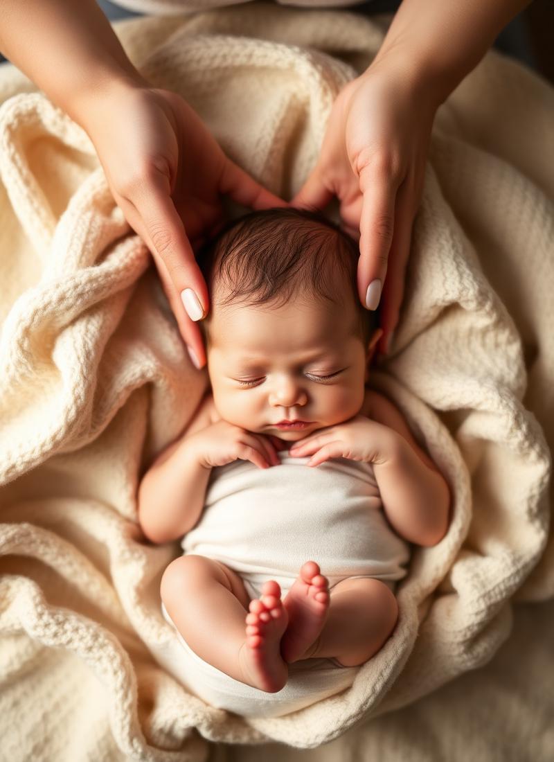 Gentle hands supporting a sleeping newborn on a cream blanket