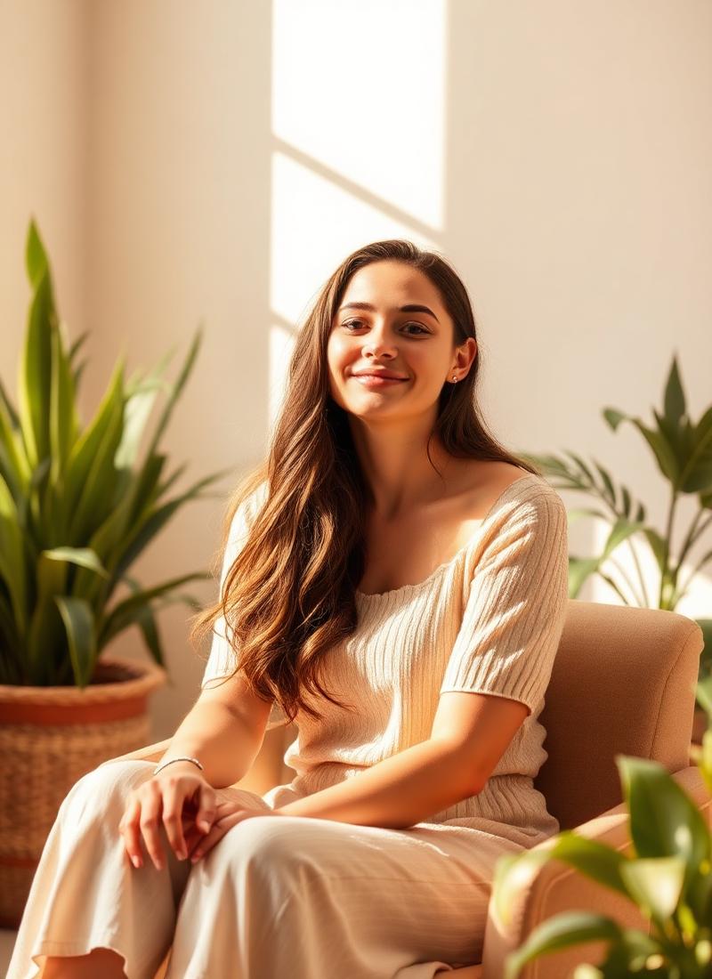 Woman sitting calmly in a sunlit room with plants, preparing for pregnancy