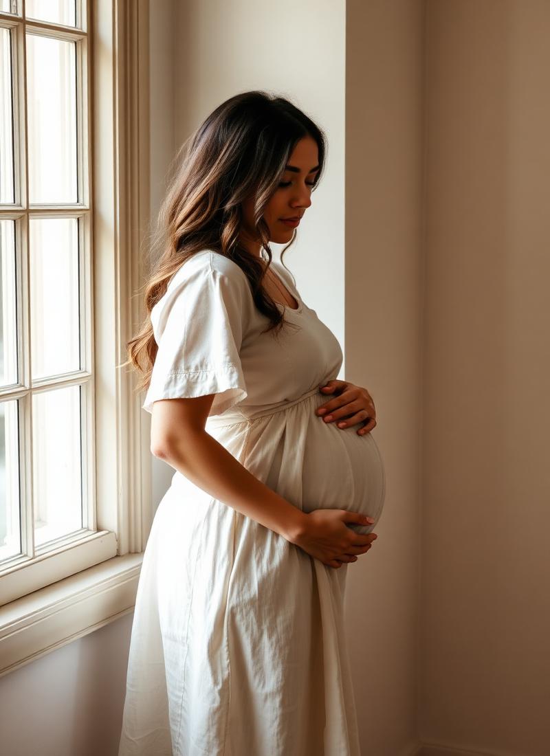 Expectant mother cradling her belly in warm window light